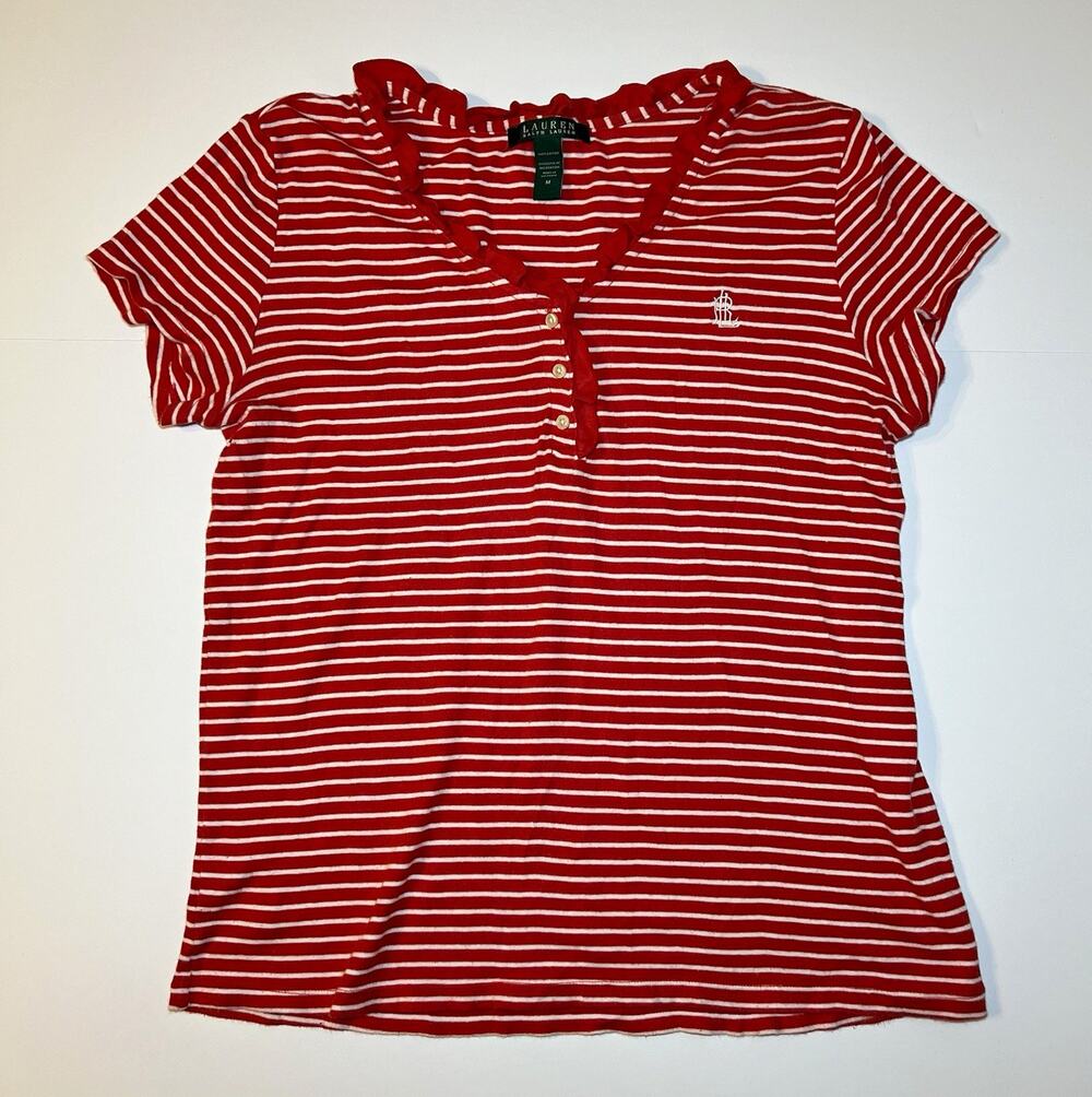 Lauren Ralph Lauren Women’s Striped Henley T-Shirt Cotton Knit V-Neck M